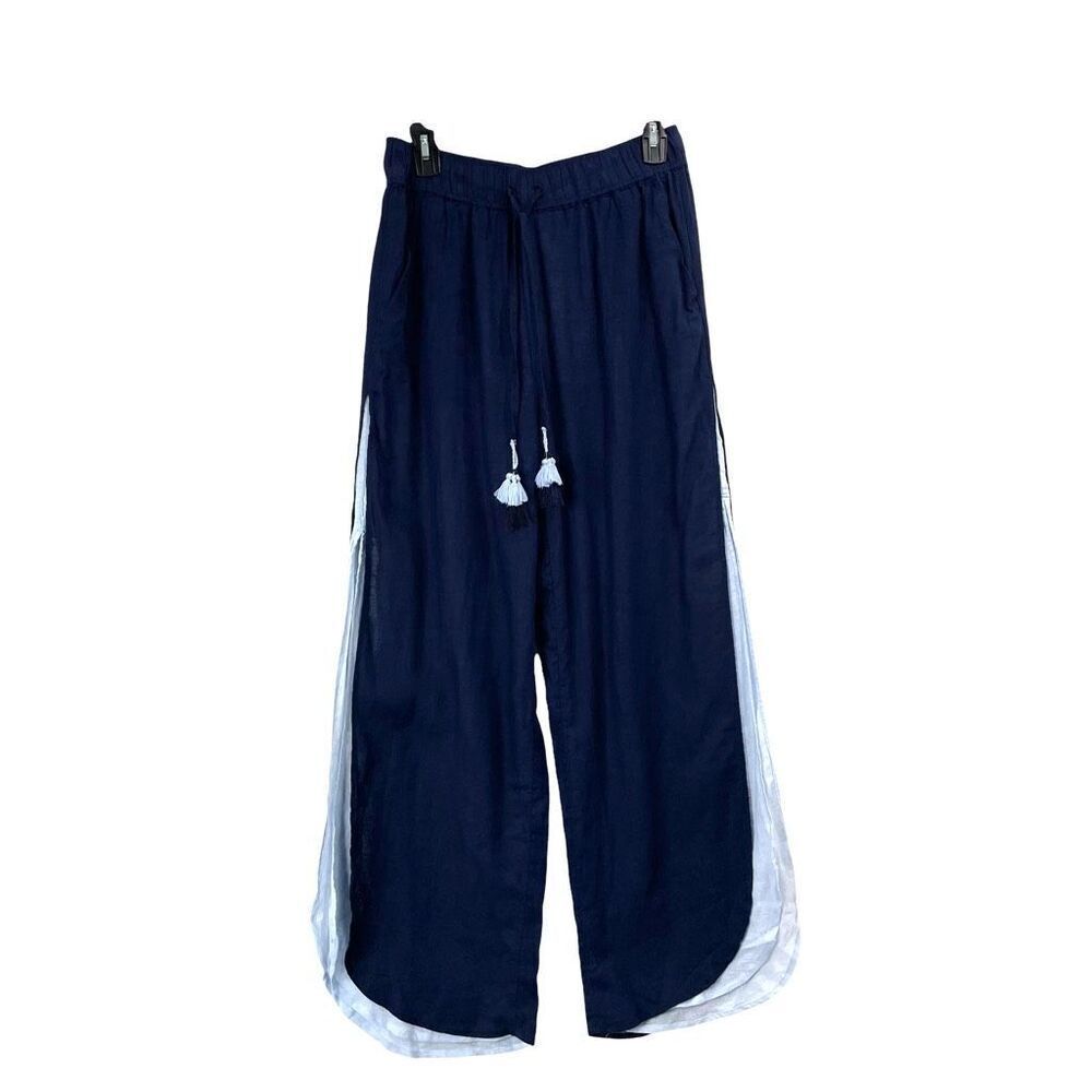 NEW Haute Hippie linen blend side slits layered pants‎ Size S  navy blue beach
